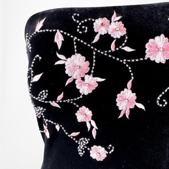 Vintage Black Pink Floral Beaded Embroidered Velvet Bodycon Maxi Prom Dress - Picture 6 of 6